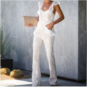 VICI Alpha & Omega White Lace Jumpsuit with Ruffle Shoulders, S